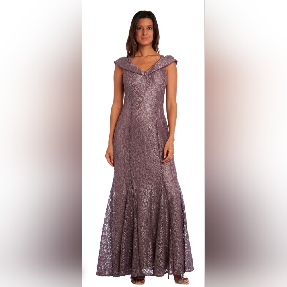 R&M Richards Mocha Mauve Lace Off-Shoulder Maxi Dress Altered 40" Chest